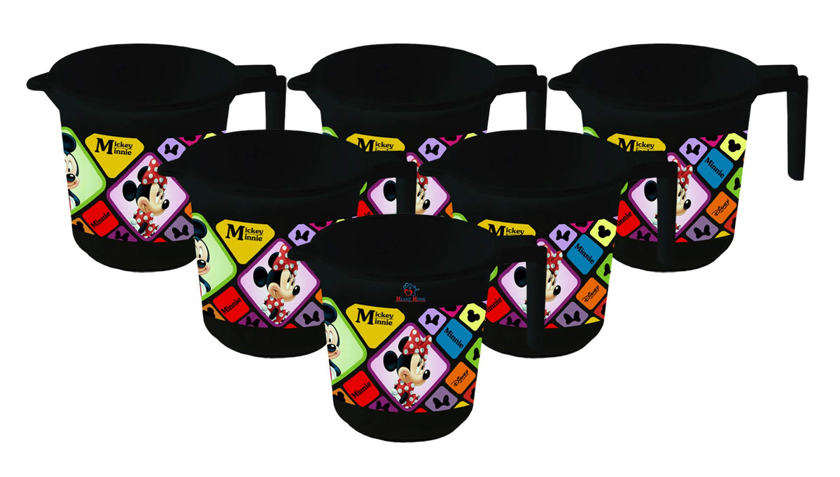 Heart Home Disney Mickey Minnie Print Plastic Bathing Mugs for Bathroom Bath Accessory, 500 ML (Set of 6,Black) -HS_35_HEARTHS17558
