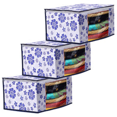 Kuber Industries Flower Design 3 Piece Non Woven Fabric Saree Cover Set with Transparent Window, Extra Large, Royal Blue-CTKTC031940