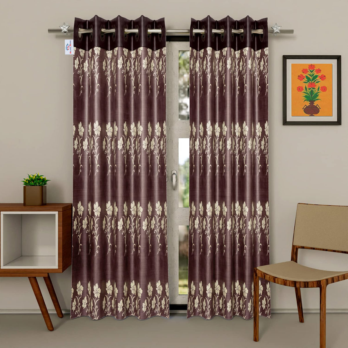 Heart Home Faux Silk Decorative 9 Feet Long Door Curtain | Floral Print Blackout Drapes Curtain with 8 Eyelet for Home & Office, Pack of 2 (Light Brown)
