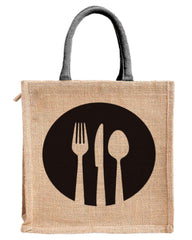 Kuber Industries Fork Knife Print Jute Reusable Eco-Friendly Hand Bag/Grocery Bag For Man, Woman With Handle (Black) 54KM4355