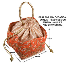 Heart Home Hand Bag|Silk Embroidery Drawstring Bag|Traditional Indian Handmade 5 Pocket Potli Bag with Golden Handle|Pack of 2 (Orange)