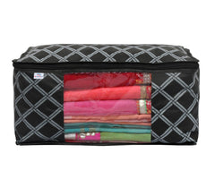 Heart Home Check Print Non-Woven Foldable Saree Cover|Clothes Storage For Saree, Lehenga, Suit With Top Transparent Pack of 4 (Black)