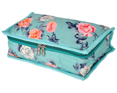 Kuber Industries Flower Printed Portable Cotton Jewellery Organizer/Case/Bag With 6 Transparent Pockets (Green)
