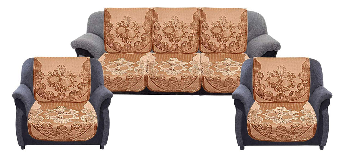 Kuber Industries Floral 6 Piece Velvet 5 Seater Sofa Cover Set - Gold