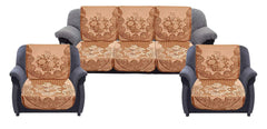 Kuber Industries Floral 6 Piece Velvet 5 Seater Sofa Cover Set - Gold