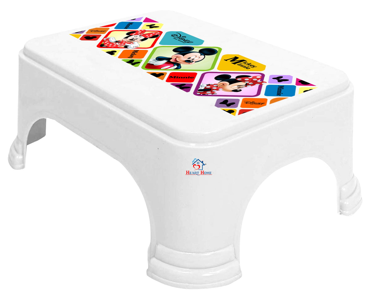 Heart Home Disney Mickey Minnie Print Square Plastic Bathroom Stool, Adults Simple Style Stool Anti-Slip with Strong Bearing Stool for Home, Office, Kindergarten (Whte) -HS_35_HEARTHS17718