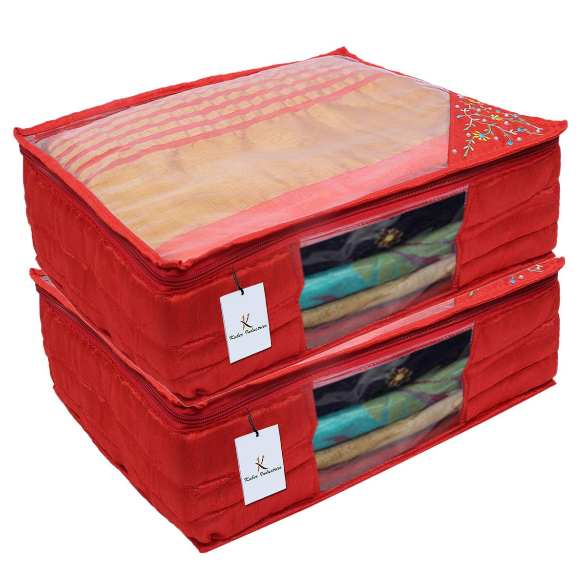 Kuber Industries 3 Layered Quilted Silk 2 Pieces Saree Cover (Red) -CTLTC10618