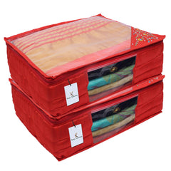 Kuber Industries 3 Layered Quilted Silk 2 Pieces Saree Cover (Red) -CTKTC024668