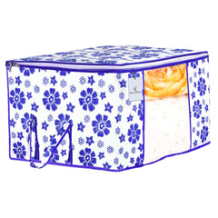 Kuber Industries Flower Design 3 Piece Non Woven Underbed Storage Bag, Storage Organiser, Blanket Cover with Transparent Window, Extra Large, Royal Blue CTKTC034523