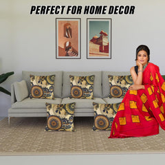 Kuber Industries Cushion Cover | Brown Gold Digital Print Cushion Cover | Jute Sofa Cushion Covers | Cushion Covers for Home Décor | 16 Inch | Set of 5 | Multi