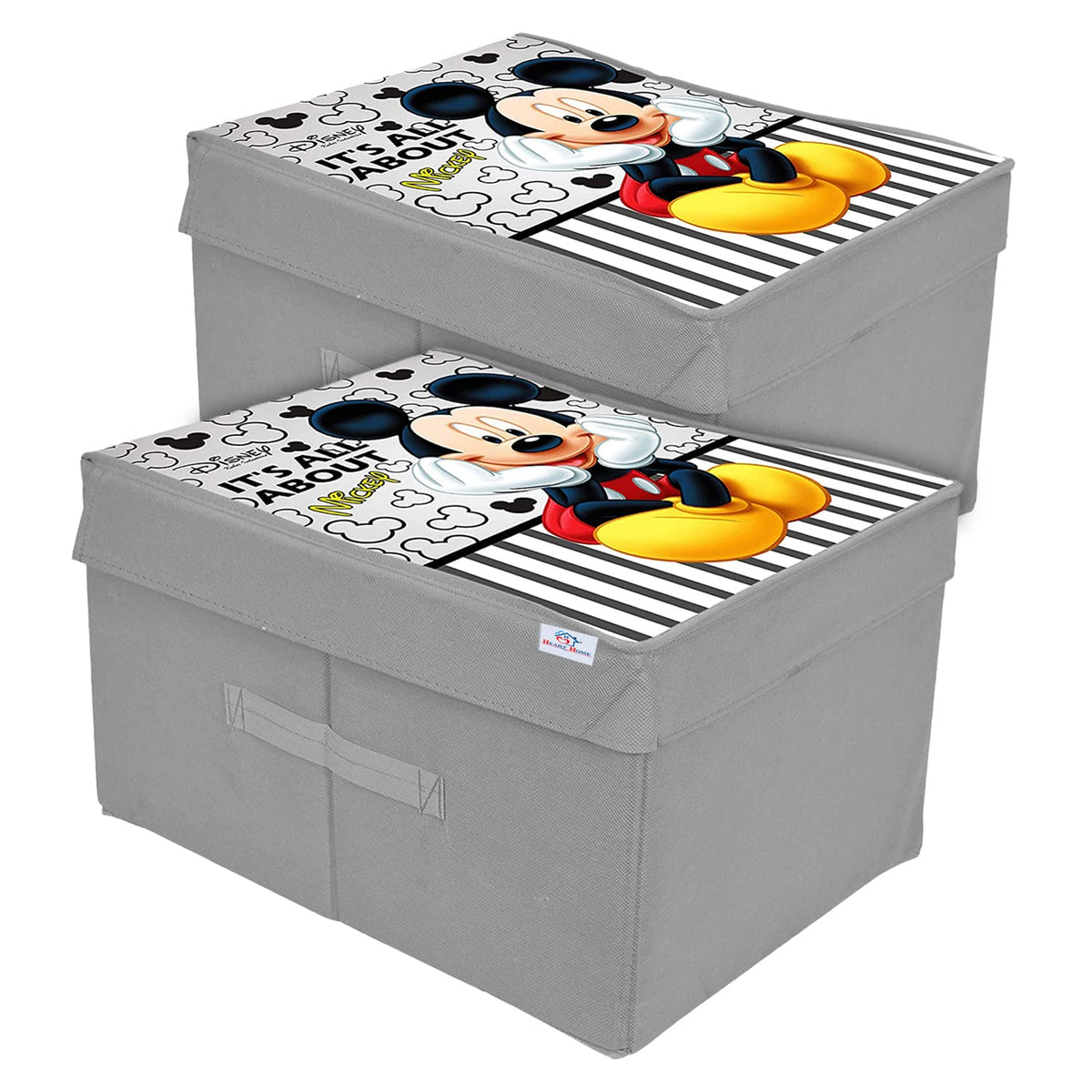 Heart Home Non-Woven Mickey Mouse Print Flodable Storage Box/Wardrobe Organizer With Lid For Home Decor, Pack of 2 (Grey) 54HH4235.