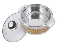 Heart Home Check Printed BPA Free Food Grade Inner Stainless Steel Casserole Keeps Chapati, Food, Curry With Toughened Glass Lid, 1500ml- Pack of 2 (Brown)-HS42KUBMART25024