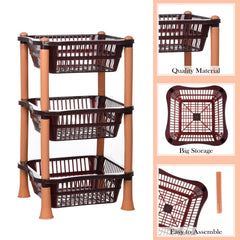Heart Home Storage Basket | Plastic 3 Layer Square Storage Basket | Storage Rack for Kitchen | Multi-Layer Vegetable Rack | Fiesta Floor-Standing Rack | Brown
