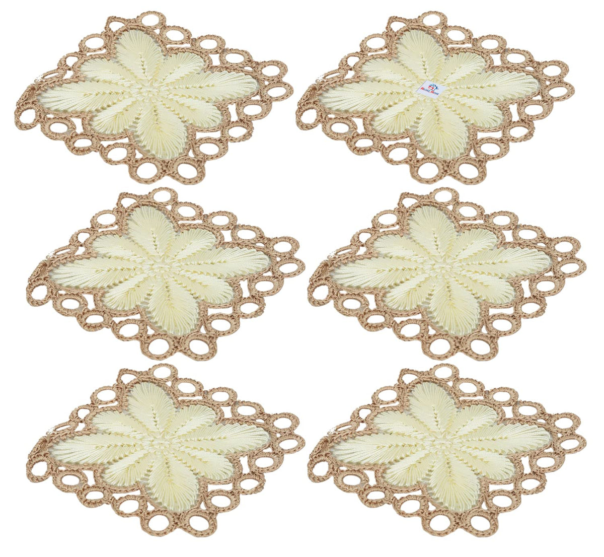 Heart Home Flower Design Handmade Square Cotton Coaster for Kinds of Mugs and Cups, Set of 6 (Cream)