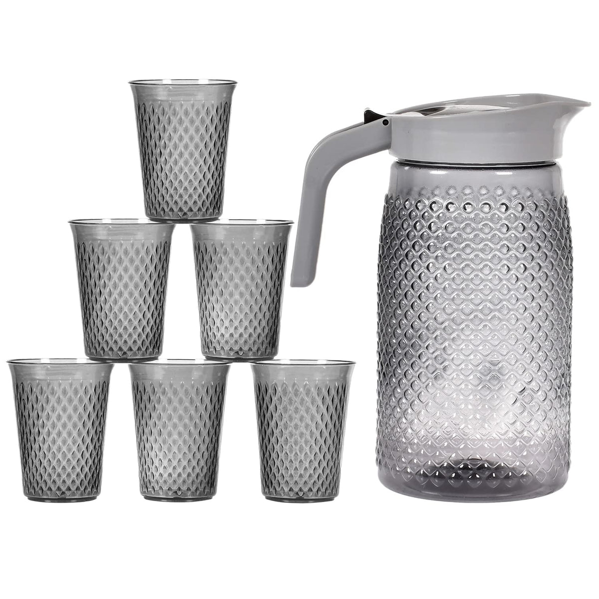 Kuber Industries BPA Free Leak Proof Plastic Water Jug with 6 Tumblers Drinkware Set (Grey)-45KM051, Pack of 7