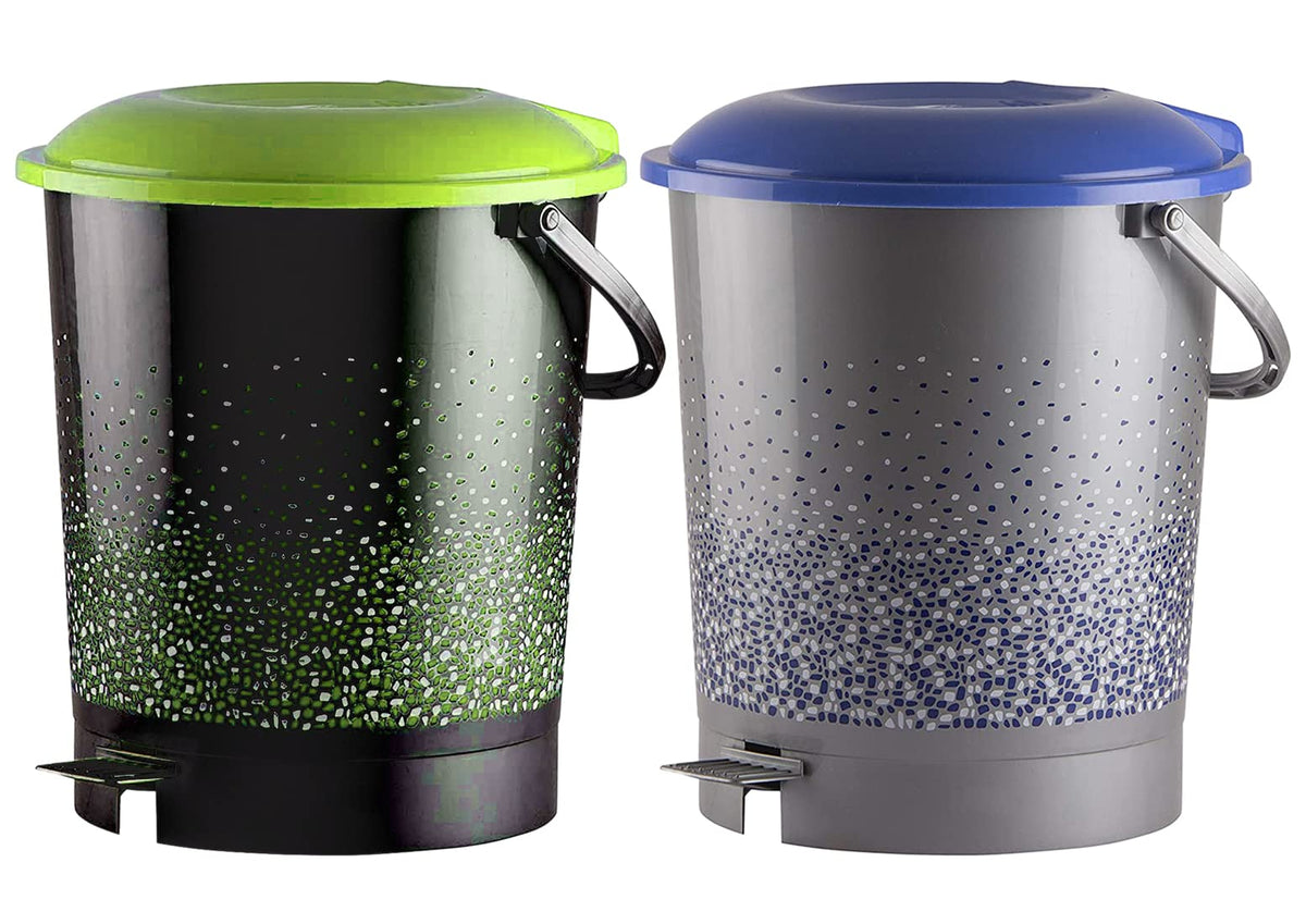 Heart Home Printed Plastic Pedal Dustbin For Home, Kitchen, Office, Bathroom With Handle, 7 Litre- Pack of 2 (Grey & Black)-47HH0748