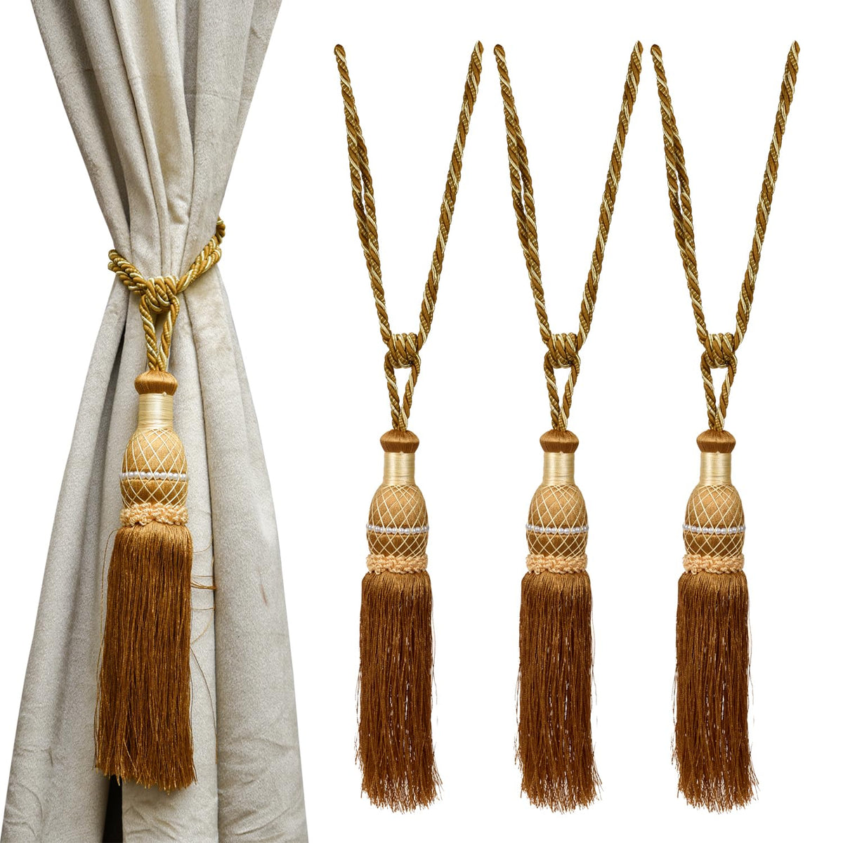 Heart Home Tassel Set | Curtain Tie Back Tassel Set | Curtain Holder Tieback | Curtain Tieback | Curtain Holder for Home & Office Décor | Moti Kit Pit Tassel | Pack of 4 | Golden