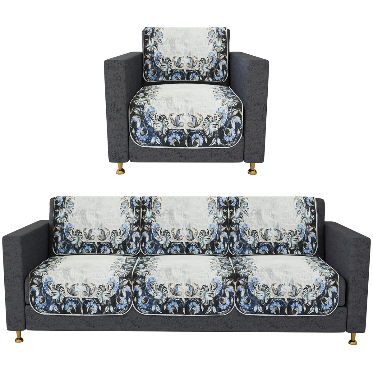 Heart Home Sofa Cover | 3+1 Seater Sofa Slip Cover Set | Blue Digital Flower Sofa Cover | Velvet Couch Cover | Sofa Slipcover Set | Sofa Cover for Living Room | Gray