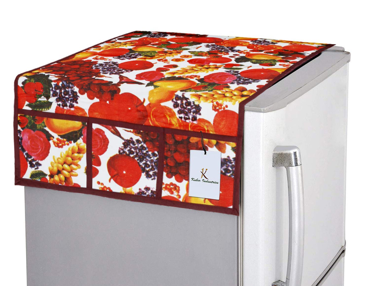 Kuber Industries Fruits Design PVC Fridge/Refrigerator Top Cover (White & Maroon) CTKTC33180