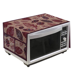 Heart Home Leaf Printed PVC Decorative Microwave Oven Top Cover with 4 Utility Pockets (Maroon)