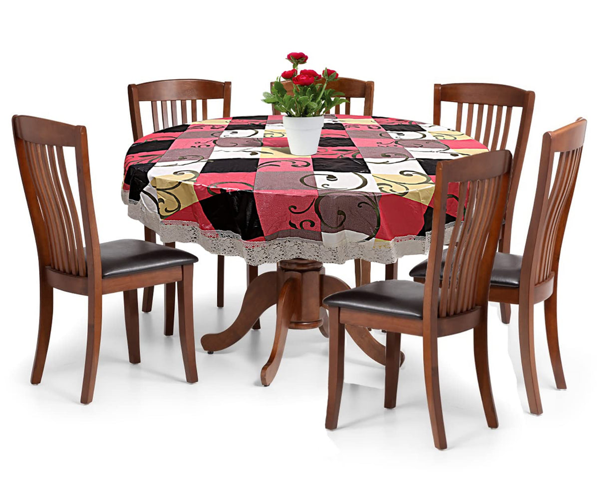 Heart Home Check Printed Waterproof Spillproof 72 Inch 6 Seater PVC Round Table Cover with Lace Border for Dining Room Kitchen Party (Multicolor & White)-HS43HEARTH26599