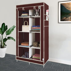 Heart Home Wardrobe for Clothes|Non Woven 2 Door Portable Clothes Rack|8 Shelf Foldable Almirah for Clothes|Brown