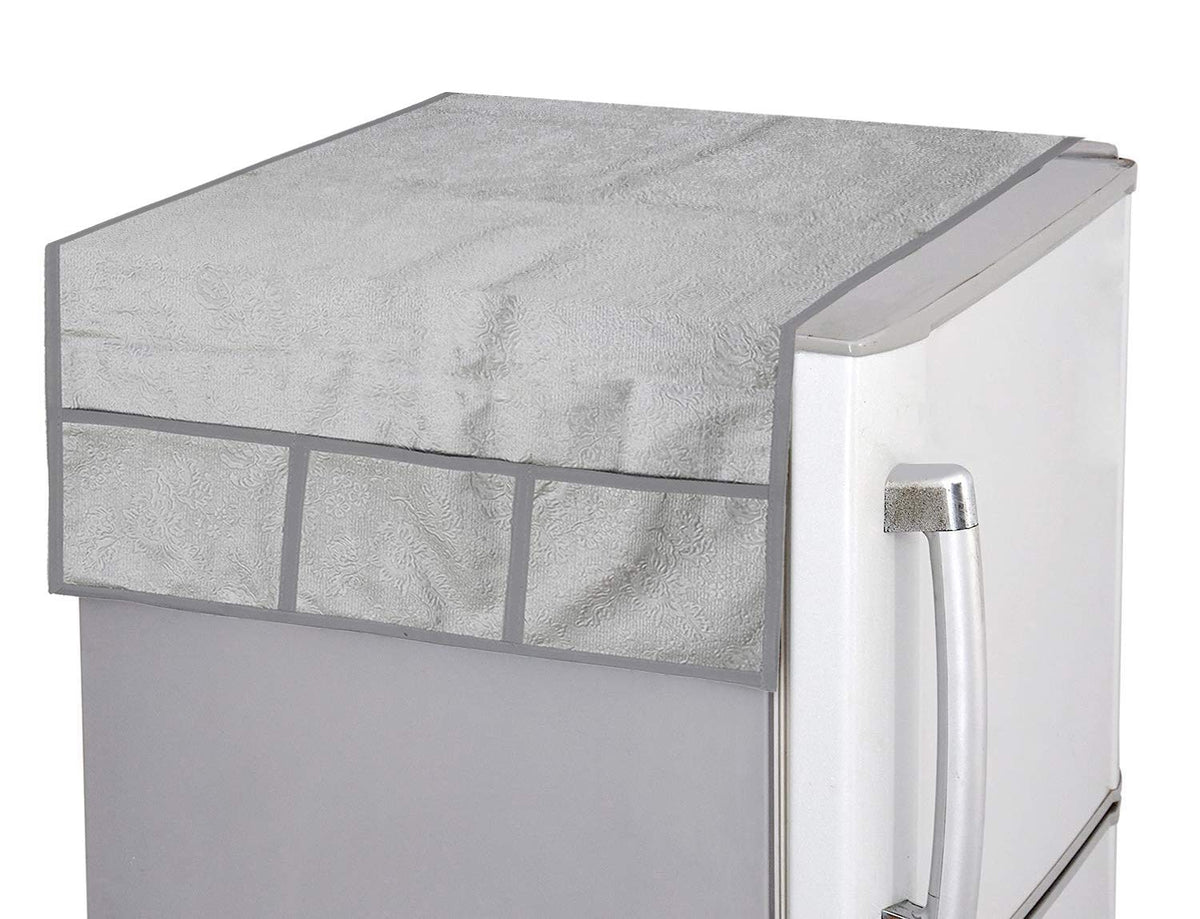 Kuber Industries Fridge/Refrigerator Top Cover|Flower Design & Water Proof PVC|6 Utility Pockets, Size 98 x 54 CM (Silver)-CTKTC039619