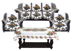 Heart Home Floral Design Use Both Side Cotton 5 Seater Sofa Cover 178x 74cm with 6 Pieces Arms Cover 74x 61cm and 1 Center Table Cover 74x 61cm HEART12029 - Set of 17 (White and Brown)