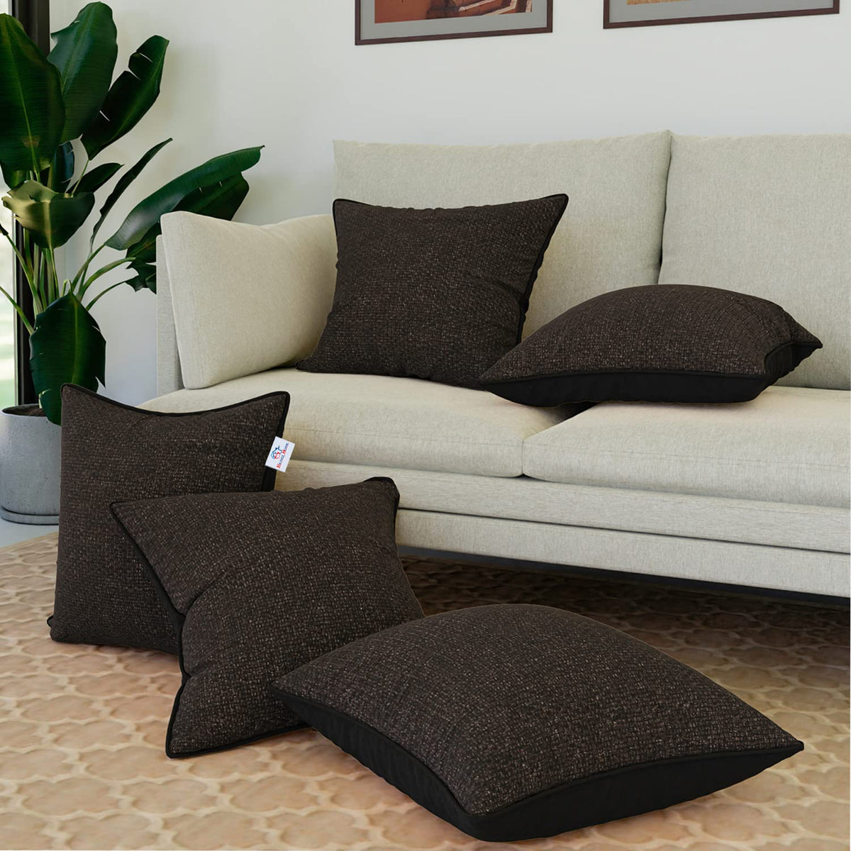 Heart Home Cushion Cover | Sofa Cushion Covers | Square Cushion Covers | Jute Cushion Covers | Couch Cushion Covers | Set of 5 | 16 Inch | Brown