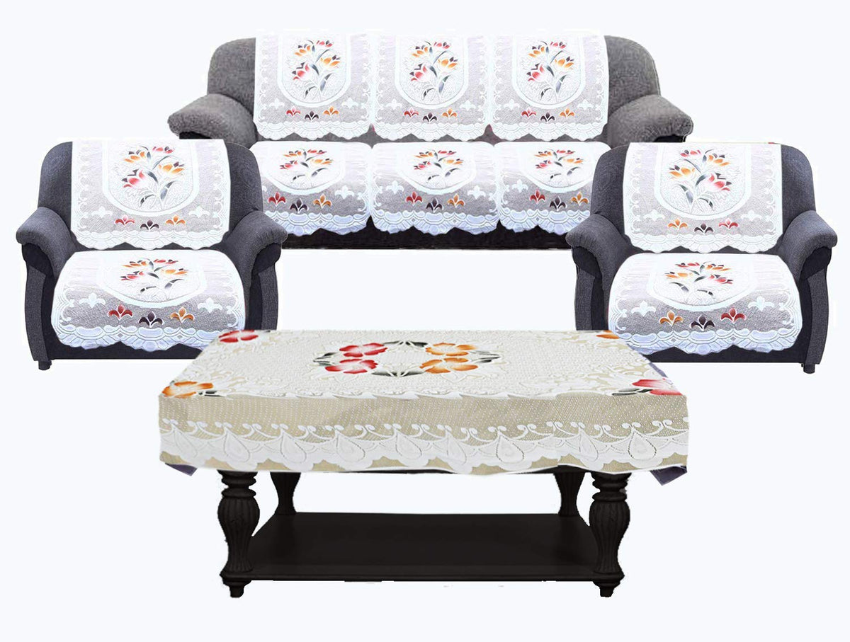 Kuber Industries Flower Cotton 7 Piece 5 Seater Sofa Cover with Center Table Cover (Cream) - CTKTC22287