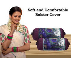 Kuber Industries Bolster Cover|Polyester Bolster Cover Set|Diwan Round Bolster Pillow Covers|Luxurious Peacock Feather Print Roll Masand Cover|Pack of 2 (Cream)