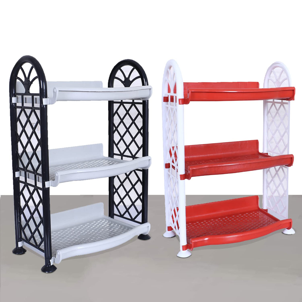 Kuber Industries Organising Rack| Plastic 3 Shelves Kitchen Storage Stand|Durable Wall Mounted Jar Kitchen Utensils Organizer,Pack of 2 (Red & Gray)