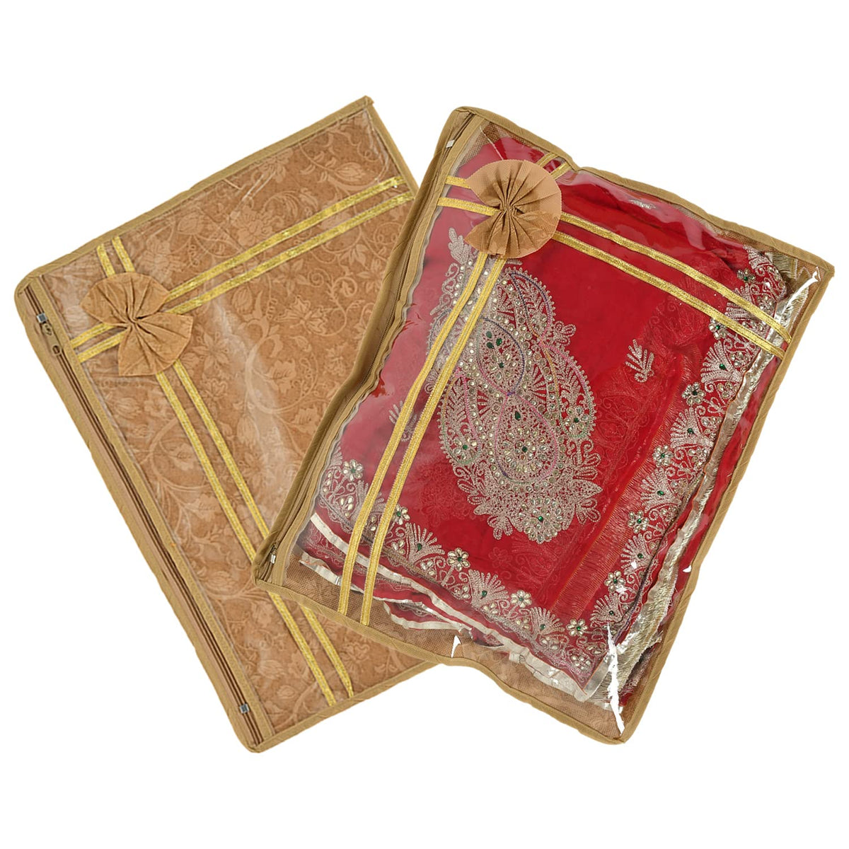 Kuber Industries Flower Printed Non-Woven Foldable Single Saree Cover, Wardrobe Organiser With Tranasparent Top- Pack of 2 (Brown)-50KM01322