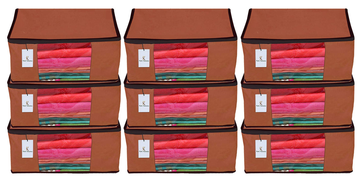 Kuber Industries 9 Piece Non Woven Fabric Saree Cover Set with Transparent Window, Extra Large, Dark Brown-CTKTC23772
