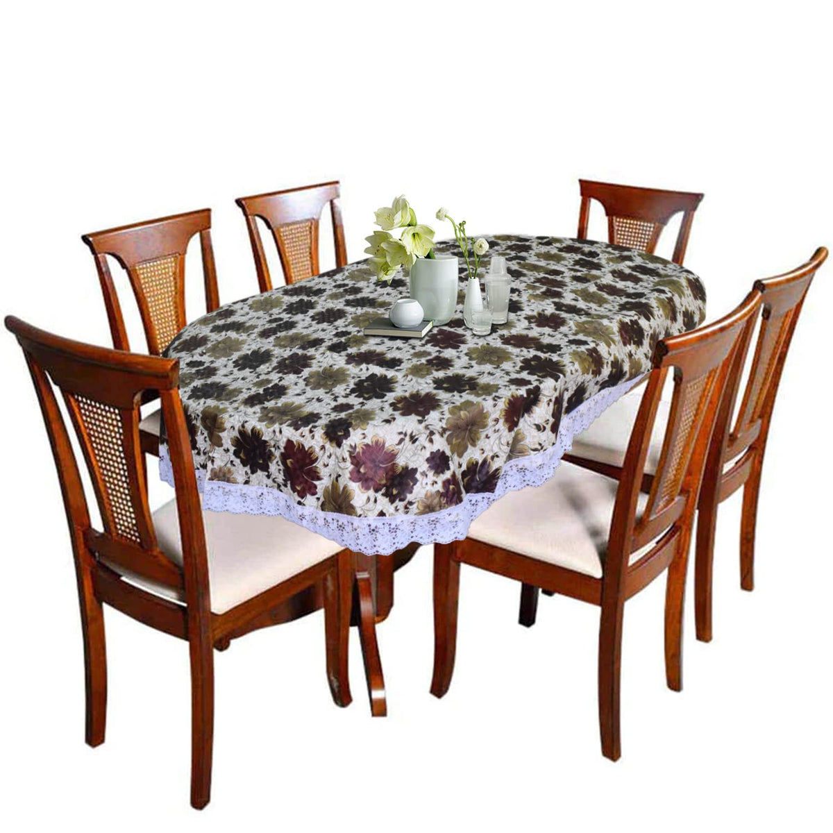 Heart Home Flower Printed Oval Shape PVC Spillproof, Waterproof, Antislip, Wipe Clean 6 Seater Table Cover with White Lace Border, 60"x90" (Brown)