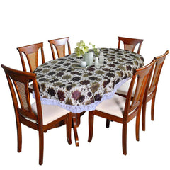 Heart Home Flower Printed Oval Shape PVC Spillproof, Waterproof, Antislip, Wipe Clean 6 Seater Table Cover with White Lace Border, 60"x90" (Brown)
