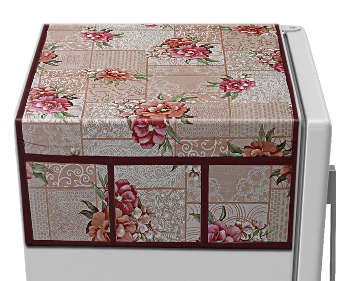 Heart Home Flower Printed PVC Fridge Top Cover with 6 Utility Side Pockets (Peach)