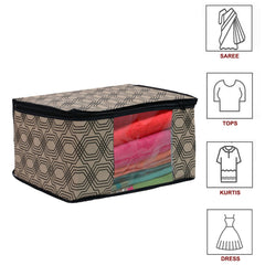 Heart Home Honeycomb Print Non-Woven Foldable Saree Cover|Clothes For Home & Traveling With Transparent, Extra Large Pack of 12 (Cream)