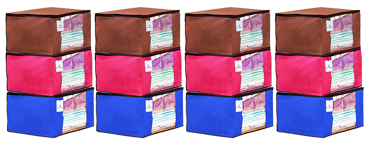Kuber Industries 12 Piece Non Woven Fabric Saree Cover Set with Transparent Window, Extra Large, Pink,Royal Blue,Dark Brown-CTKTC23756