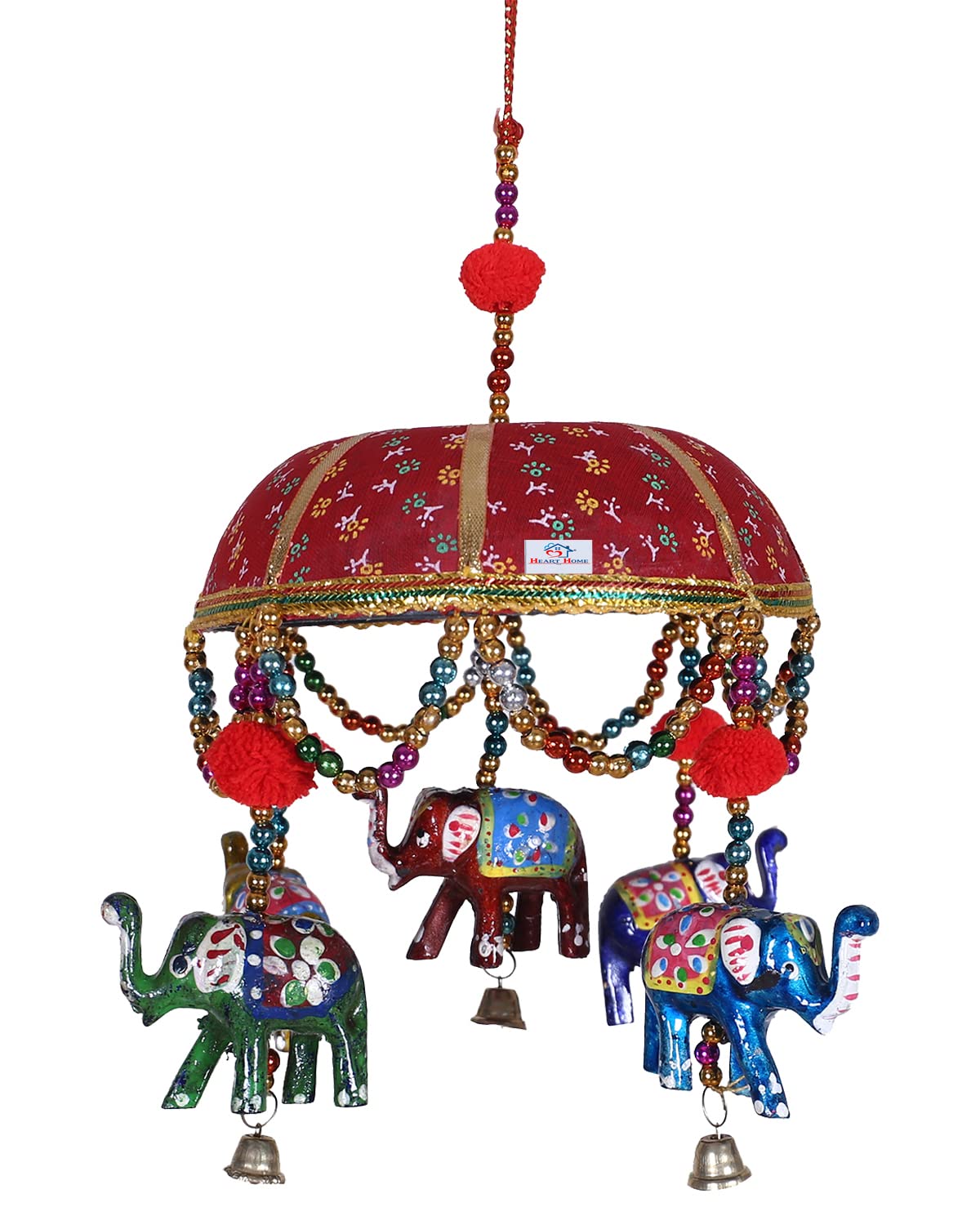Heart Home Rajasthani Traditional Windchimes|Handcrafted Latkan|Toran with 5 Decorative Hanging Elephants (Red)