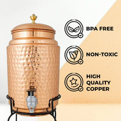 Kuber Industries 5 Litre Copper Water Dispenser with Stand and Glass | BPA Free, Non-Toxic | Hammered Texture, Rustproof & Durable | With Added Health Benefits of Copper | 5L
