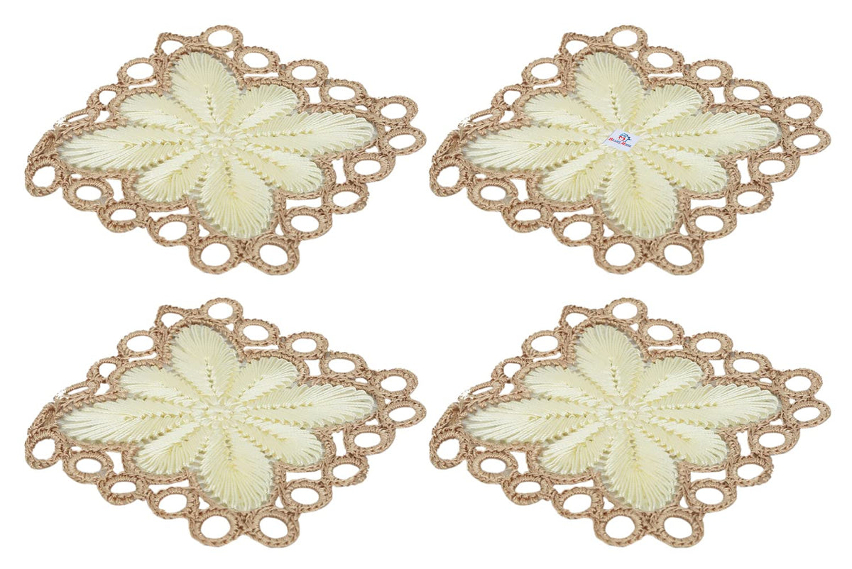 Heart Home Flower Design Square Cotton Coasters, Set of 4 (Cream)