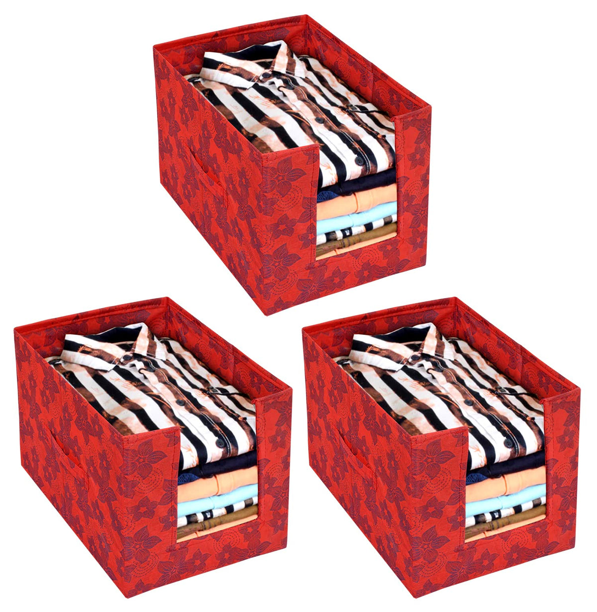 Heart Home Metallic Flower Printed Non-Woven Foldable Shirt Stacker Closet Organizer With Handles- Pack of 3 (Red)-HS43HEARTH26460