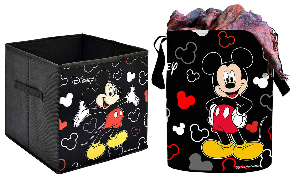 Kuber Industries Disney Print Non Woven Fabric Foldable Large Size Storage Cube Toy and Waterproof Cotton Laundry Bag, Toy Storage, Laundry Basket Organizer 45 L (Set of 2 Black)-KUBMART10412_standard