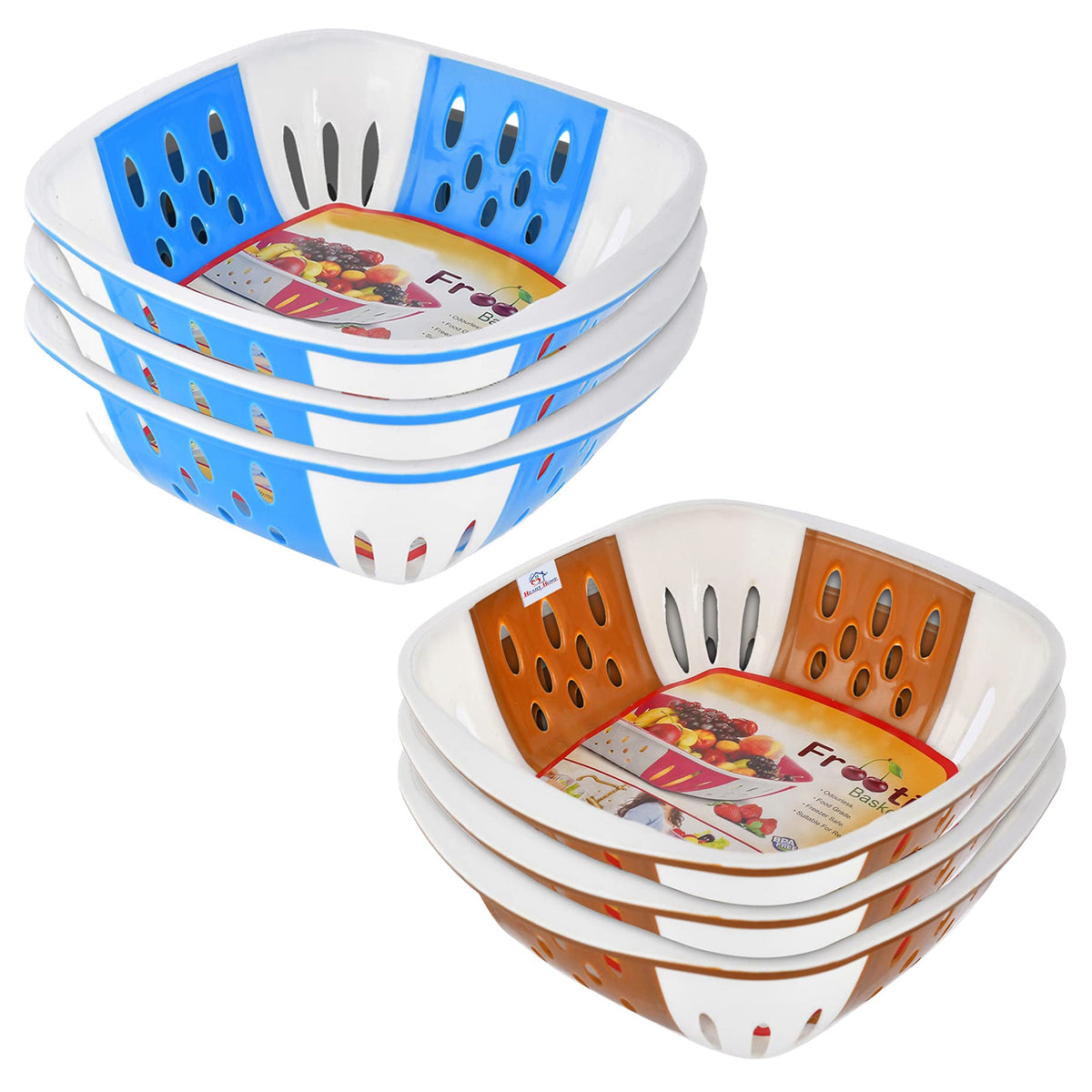 Heart Home Large Multi-Purpose Plastic Storage Baskets for Fruits Vegetables and Kitchen Fridge Dining Table- Pack of 6 (Blue & Brown)-HS42KUBMART25436