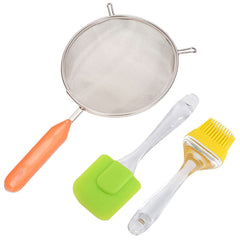 Kuber Industries Kitchen Combo Big Spatula and Oil Brush Set with Stainless Steel Soup, Juice Strainer (Silver), Standard