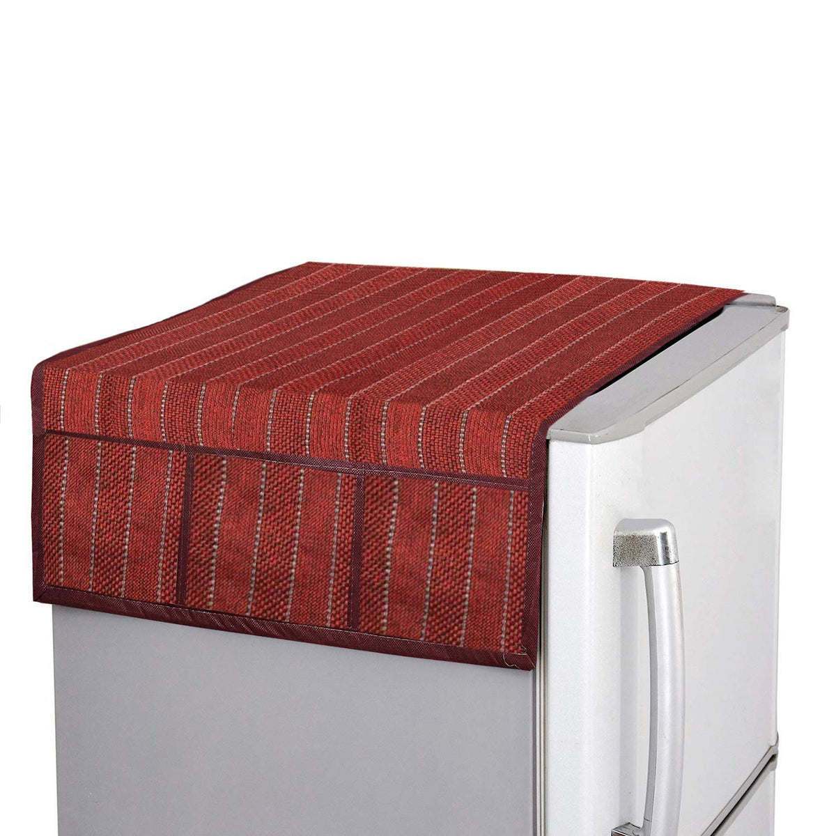 Kuber Industries Lining Design Jute Refrigerator Top Cover with 6 Utility Pockets (Maroon)