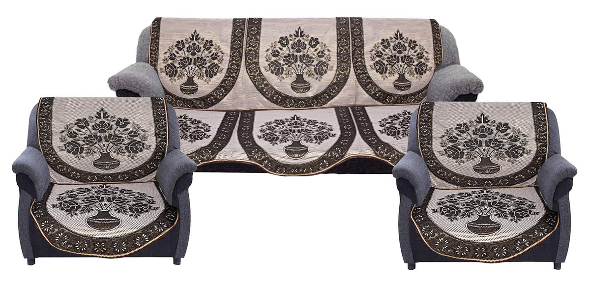 Kuber Industries Cotton Flower Pot Design 5 Seater Sofa Cover (Coffee, Standard) -CTKTC014433-6 Pieces