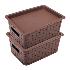 Kuber Industries BPA Free Attractive Design Multipurpose Small Trendy Storage Basket With Lid|Material-Plastic|Color-Brown|Pack of 2