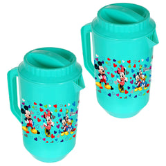 Kuber Industries Mickey & Friends Print Unbreakable Plastic Water Jug with Lid for Home, Kitchen, Office 2 Liter Pack of 2 (Green)